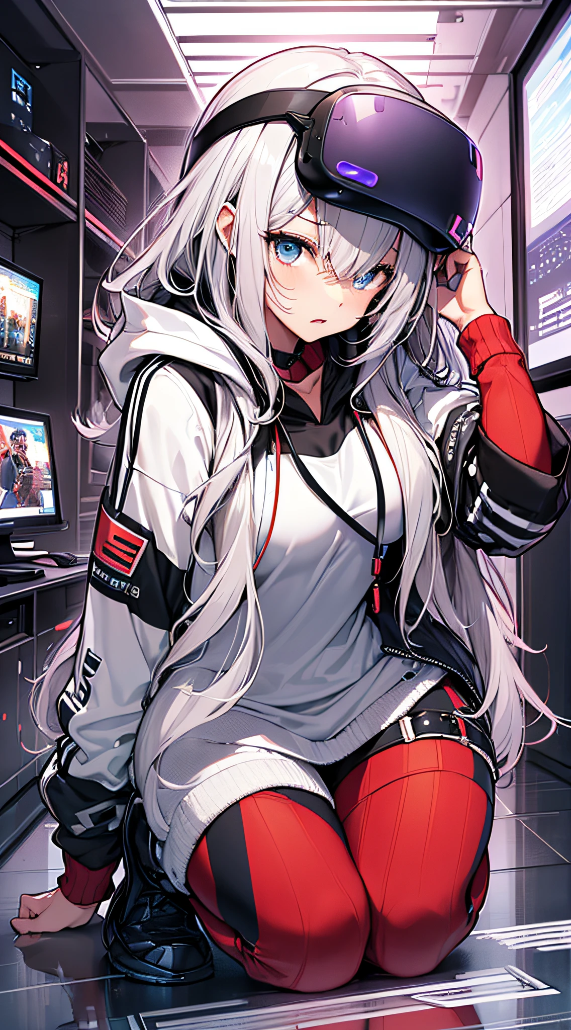 Highest quality、Highest quality、Masterpiece、girl((20-year-old、as soon as、Highest Bust、Medium Bust、Wide open chest、Red glowing eyes、Light Silver Hair、Disheveled Hair、Loincloth、thin、The best valley、Open chest、Full body view、Leather Tank Top、Leather pants、Smile、Leaning forward greatly,Perforated gloves、A tense face、Red headphones))、high quality、Beautiful Art、background((Space Station、In the cockpit))、flight、Flying Debris、Depth of text、movie、Visual Arts、Perfect Art、8K、Genuine、