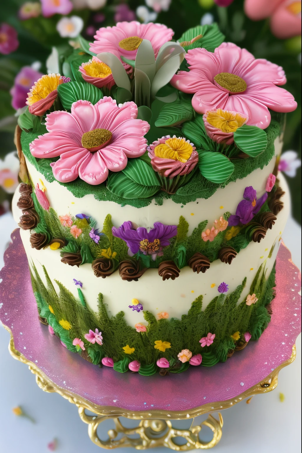 there  a cake with flowers on it on a plate, cake art, highly detailed and beautiful, decorated with flowers, look at all that detail!, dreamy and detailed, cake sculpture, beautifully detailed, cake, highly detailed shot, highly detailed close up, highly professionally detailed, detailed flowers, very highly detailed, look at that detail!, highly detailed closeup