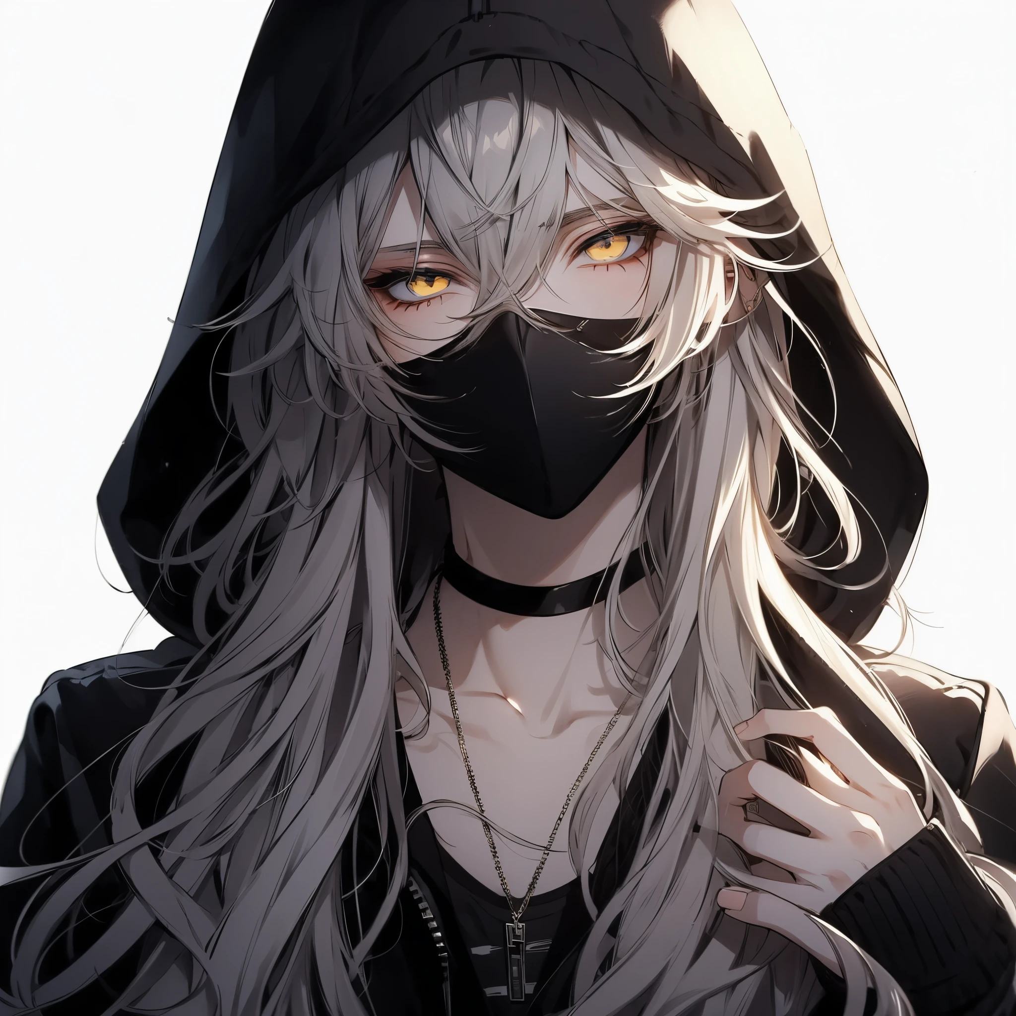 Beautiful young man, silber hair, Yellow eyes, Long hair, Black mask, Black hoodie, Hood Up,High quality, amount of drawing, pixiv illustration