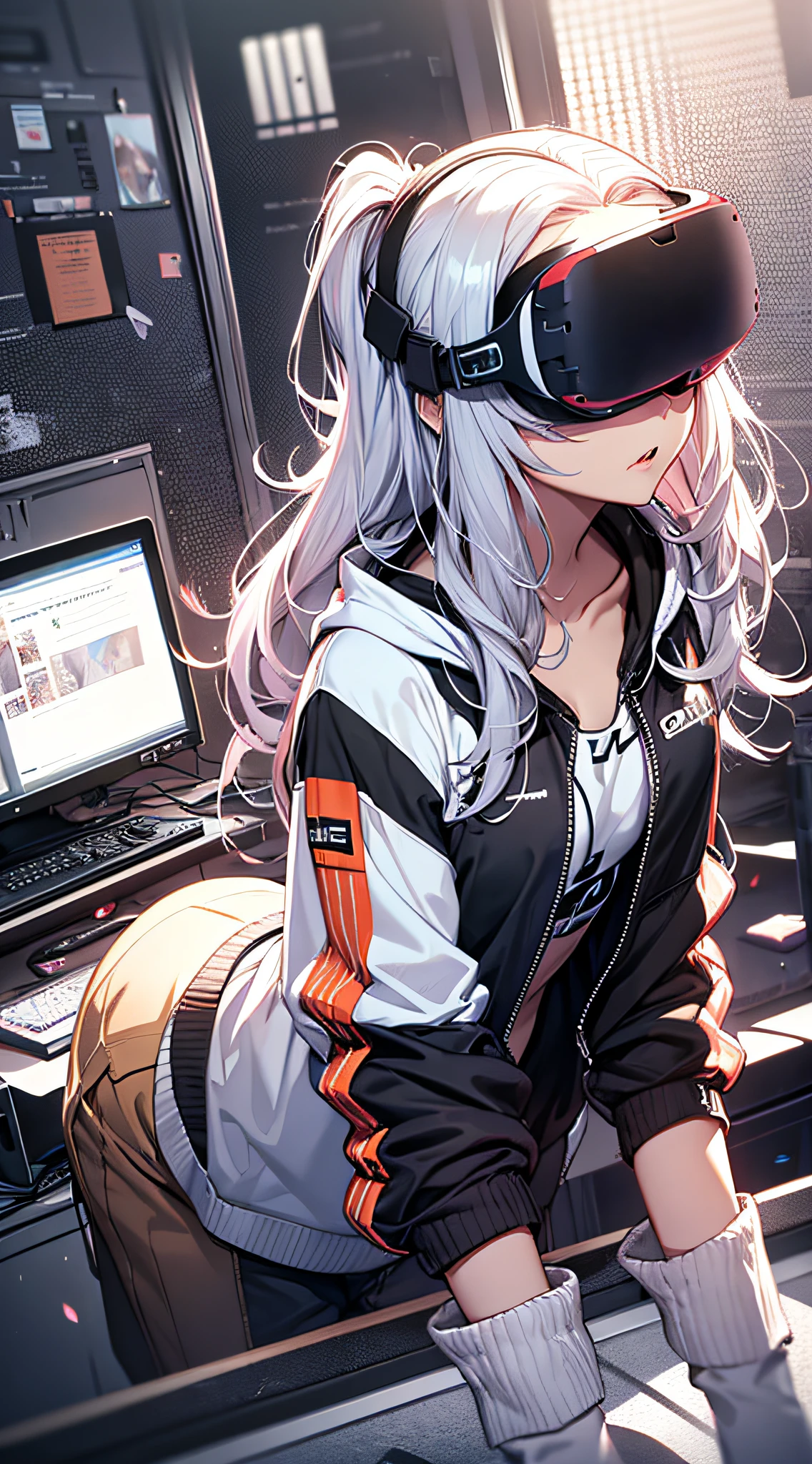 top-quality、Top image quality、masterpiece、teens girl((Blue Hoodie、black trousers、18year old、 Ager、Best Bust、big bast,Beautiful light blue eyes, Long silver hair、A slender,Large valleys、Reflecting the whole body、Leaning forward、Attach the VR visor to your eyes、I have a VR stick controller、Frightened face、play VR)),hiquality、Beautiful Art、Background with(( Gaming Room)))、masutepiece、depth of fields,