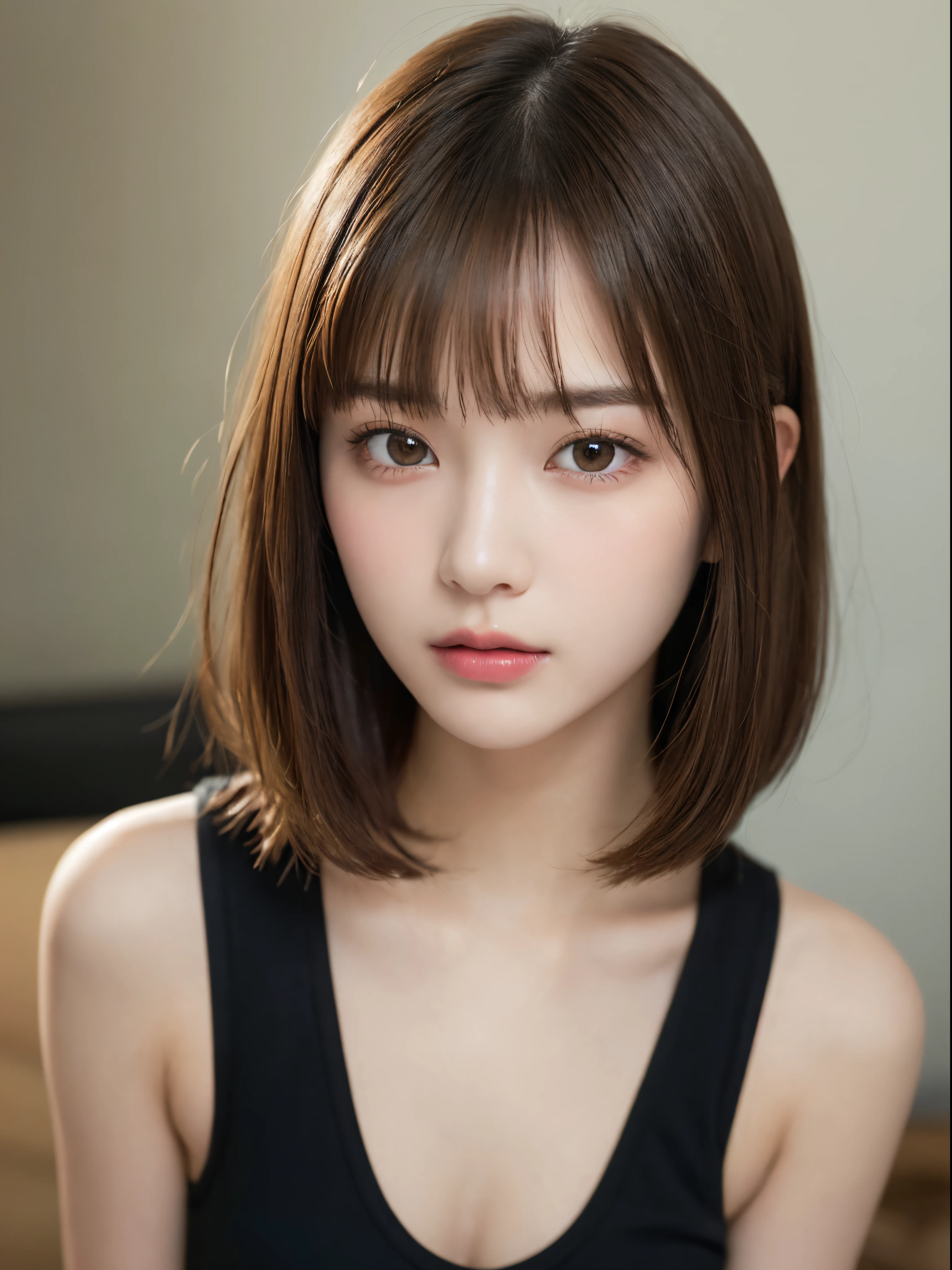 ((NSFW))、(masterpiece:1.5)、(8K)、(Photorealsitic:1.5)、Raw photography、(Top image quality:1.4)、(foco nítido:1.5)、 top-quality、masterpiece、超A high resolution、Perfect dynamic composition、 20 years old、slender、prety woman:1.4、serious facial expression、 in the livingroom、Wearing a tube top、 light brown hair、bob cuts、Glowing hair、 Super Detail Face、A detailed eye、二重まぶた、 Natural Color Lip、Transparent skin、