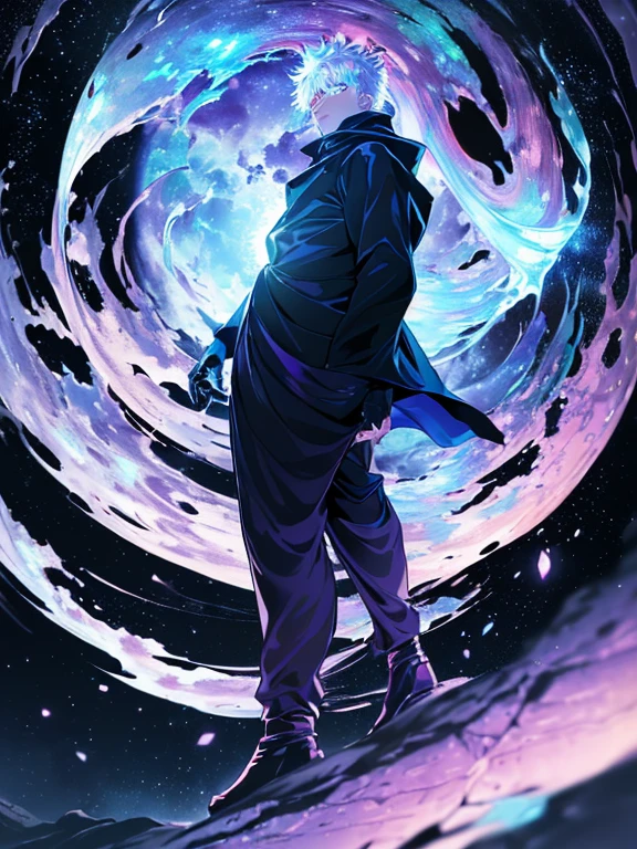 Satoru Gojo (jujutsu kaisen), Satoru Gojo uses the power of a small red sphere., 6 eyes of the path, Glowing light blue eyes, full - body, grandeur, Shibuya, (ultra realistic extremely detailed 8k computer graphics wallpaper}, Vast Landscape Photo, (view from afar with emphasis on character and setting), (Wide view of open field), (low angle shot), (High Light: 1.3), (low lighting: 1.0), ( Warm light source: 1.4), complex details, (iridescent colors: 1.6), (vivid lighting), (Ambiance Lighting), dreamy, Magical, badass, jujutsu kaisen