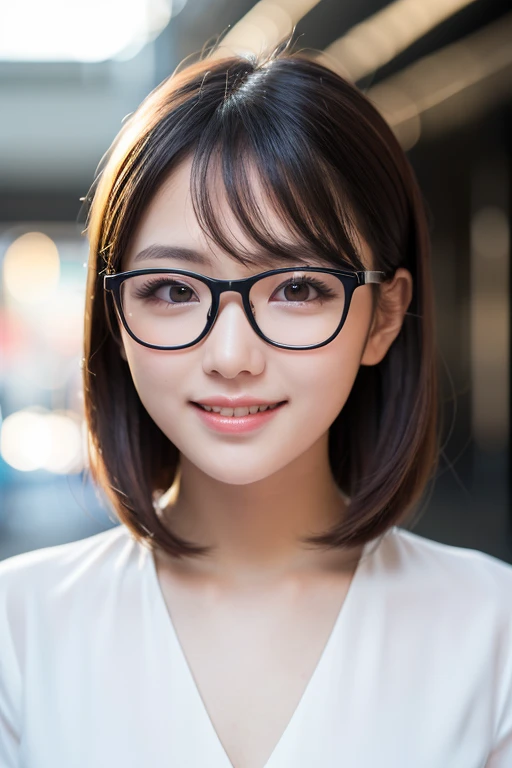 (8K、Raw photography、top-quality、​masterpiece:1.2)、(realisitic、Photorealsitic:1.37)、ultra-detailliert、超A high resolution、女の子1人、see the beholder、beautifull detailed face、A smile、Constriction、(Slim waist) :1.3)、((White blouse clothes))、Beautiful detailed skin、Skin Texture、Floating hair、((Hair bunched into one))、large full breasts、Professional Lighting、In front of the station at noon、((Black square glasses))、Whole human body、Brown hair、phone、