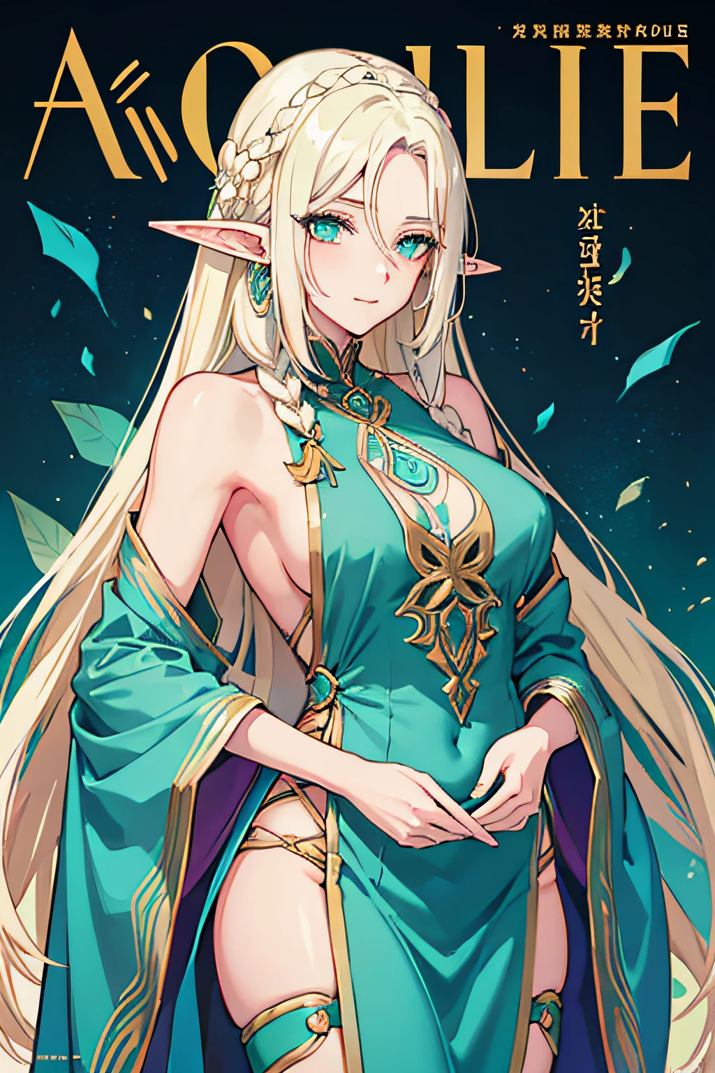 anime. cover magazine. upper body. half body. casual clothes. an elven woman with long platinum blonde hair in braids and turquoise eyes. her ears are long and pointed typical of elves. she wears modern clothes of the current era. her chest  large and she exudes the aura of a mature career woman. modern clothes. smile