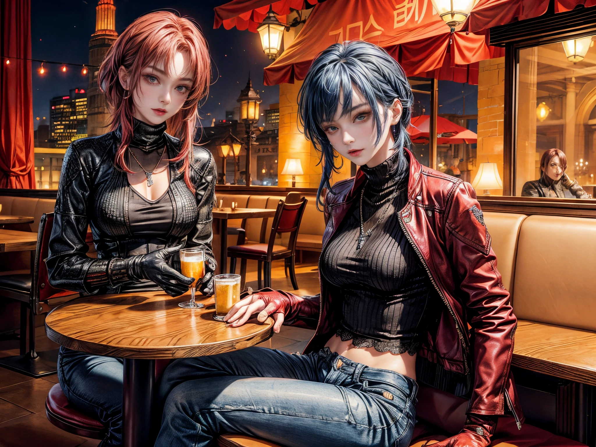 Cinematic lighting、16k picture quality、highlydetailed skin,(1girl in, Solo:1.2)、Best Quality,cyberpunked,(2 Beautiful Women、Detailed beautiful facial features:1.3)（Blue hair、Medium Hair）Rosary Necklace、BREAK（Red-haired、Medium bob、Laugh:1.2）
BREAK （knit turtleneck tops, shiny leather gloves、Denim wide pantREAK（One person wearing a red leather boa jacket、lace white cut and sew、Navel Ejection、Leather shorts、）resturant, Put your hands on the table（natta、restaurant terrace、beer:1.4）Terrace seating、beer
