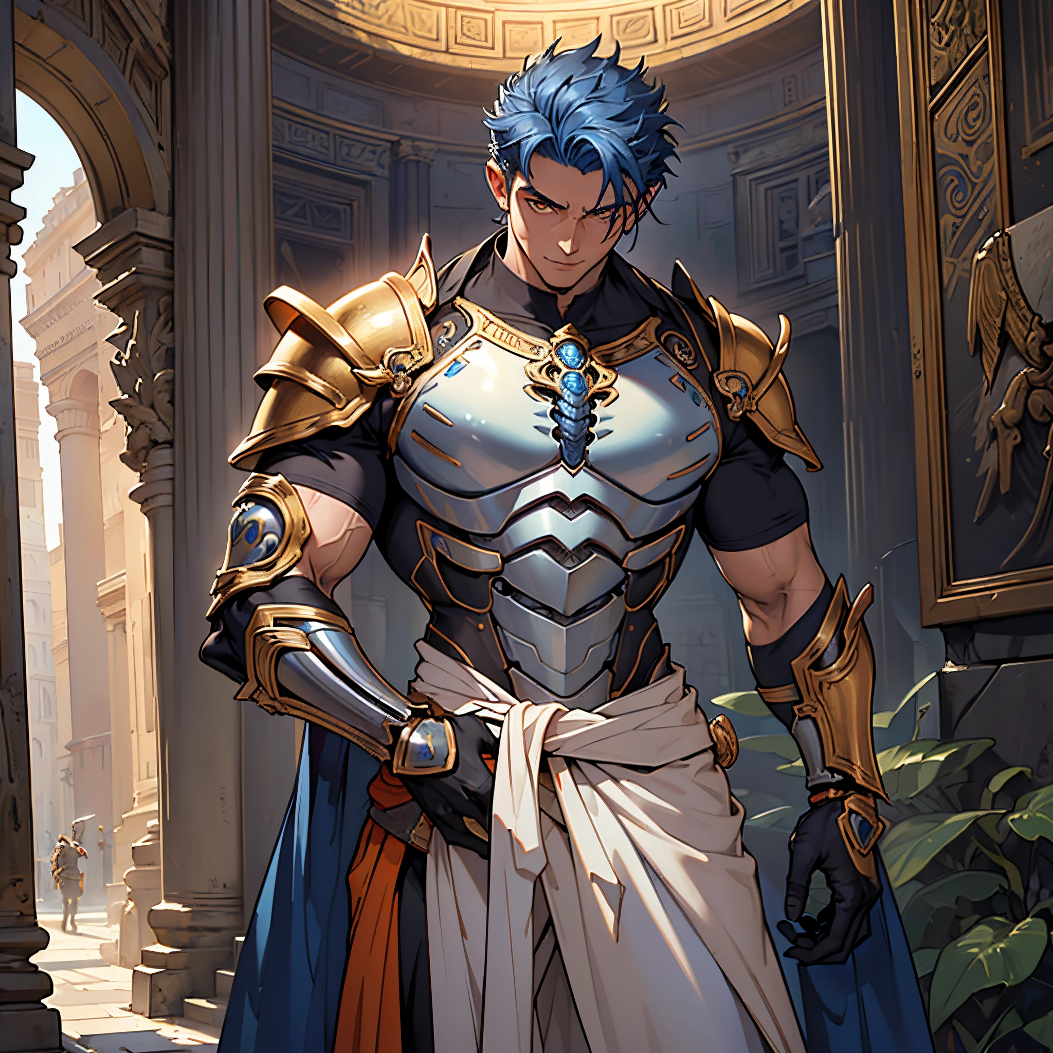 Anime man+light blue skin+ medieval setting+golden eyes+muscular body