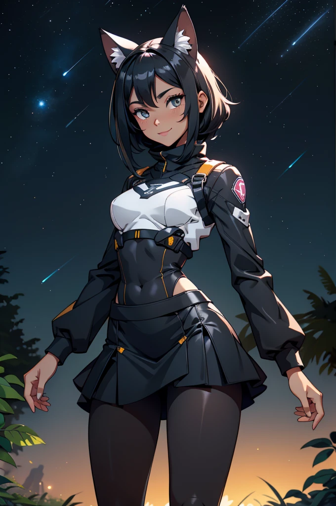 foto de corpo inteiro,cat ears on the head of a beautiful young woman wearing a short skirt, usando meias preta longas e sueterpreto apertado ,corpo inteiro na foto,floresta a noite varias luzes,belas coxas, coxas lindas belhos olhos escuros detalhados, sueter branco apertado,maio apertado , tight pantyhose, mini saia , ceu limpo a noite com estrelas numa floresta a noite,short curto linda jovem, olhos sedutores feminino.CABELO CURTO PRETO((CABELOS CURTO PRETO)) sorriso