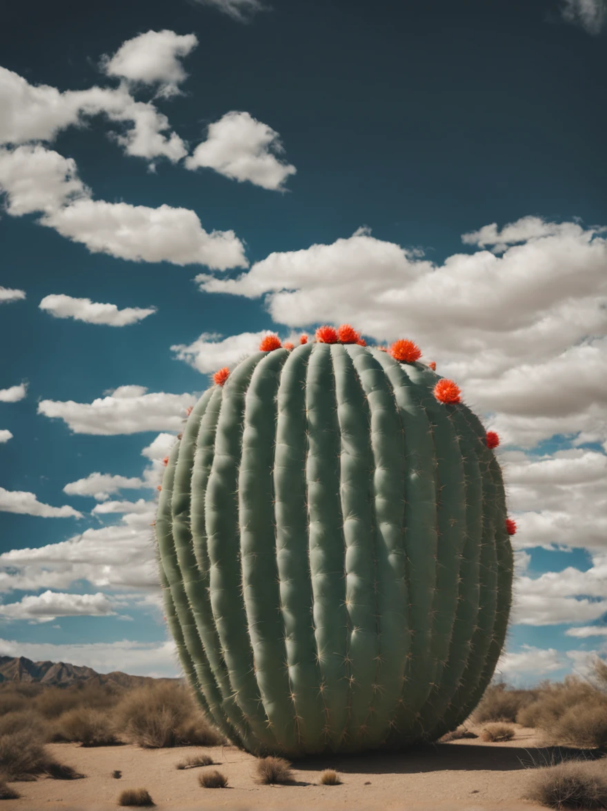 (Portrait shot, ultra-detailed, best quality, photorealistic:1.37, 4k, realistic, photography, an inflated cacti, in Arizona desert, blue sky with clouds, vibrant colours, 35mm)