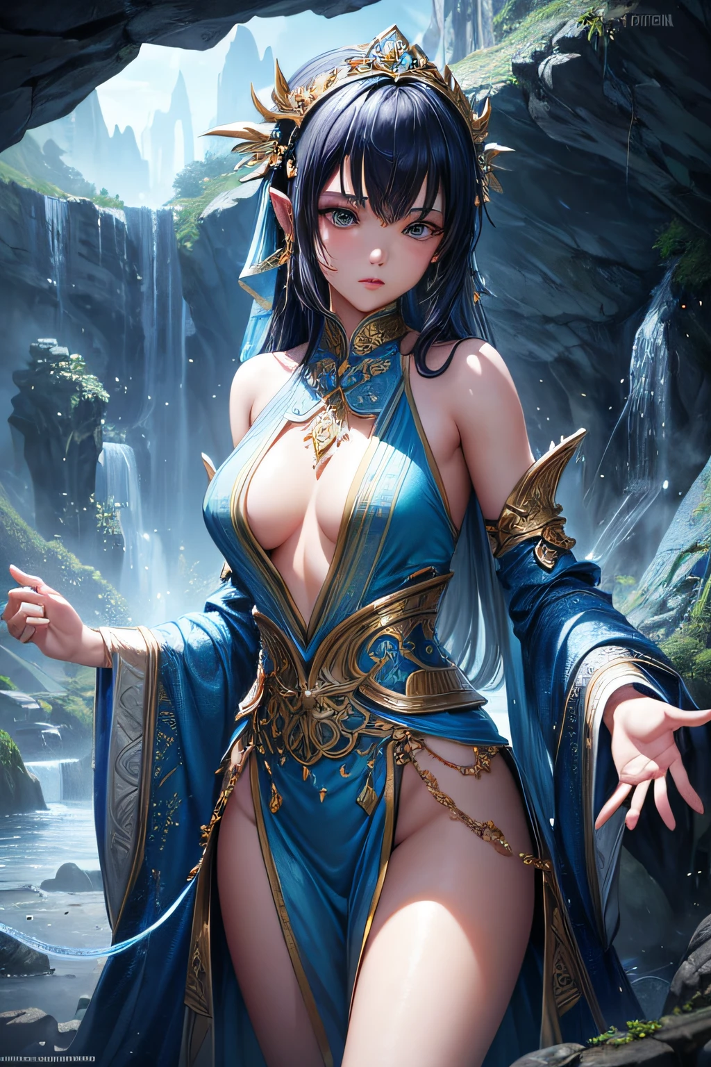 young teen girl, asian girl, water mage, sorceress, magical dress and accesories, controling all water around her, ancient cave in background, sexi, small breasts, , highly detailed, vibrant appearance, creative behavior, extremly detailed, imaginative, sensual, spontaneous, highest quality, skin texture, intricate details, (cinematic lighting), RAW photo, 8k, masterpiece,best quality,ultra-detailed,very detailed illustrations,extremely detailed,intricate details,highres,super complex details,extremely detailed 8k cg wallpaper,