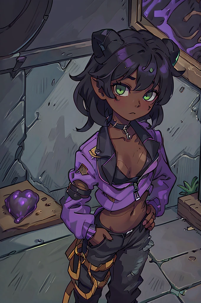 (Masterpiece) (High Detail) (High Res) (Black Skin) Looking from above A young black humanoid FutEred with dark skin and ebony flesh and green eyes and short black hair and goat ears and short dark goat horns and a toned body and small to average breasts dressed like a punk wearing a purple jacket and black jeans