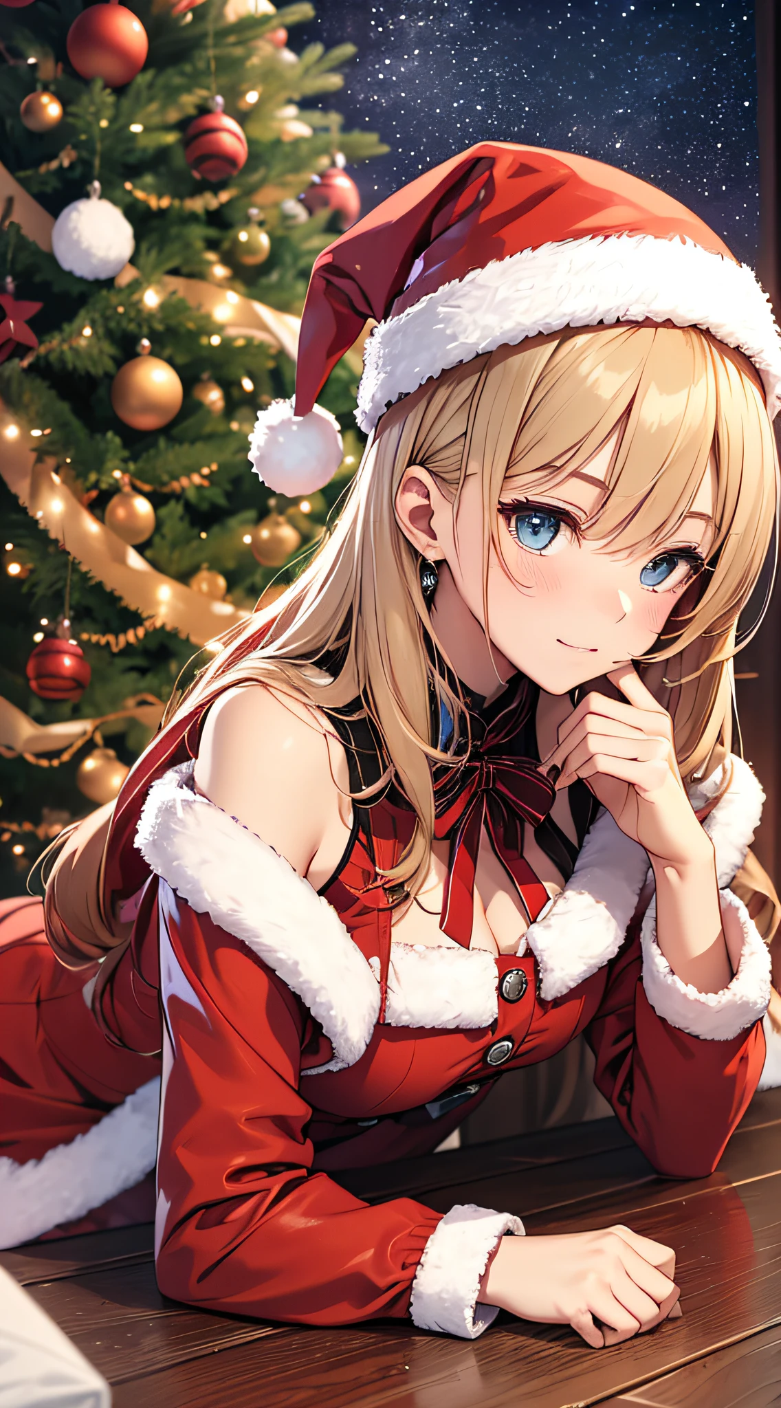 top-quality、Top image quality、​masterpiece、teens girl((Christmas、Santa's Hat、18year old、 Ager、Best Bust、big bast,Beautiful wide open light blue eyerest, a blond、A slender,Large valleys、dye one's cheeks red、Reflecting the whole body、Laugh、white christmas gift bags、red cloak、Shy face、embarassed face、sprawl,Leaning forward)),hiquality、Beautiful Art、Background with((my stylish night room、Christmas Wind、Stove、Red carpet on the floor、fireplace、Christmas tree、Red bed、Kotatsu、Christmas present)))、masutepiece、depth of fields,