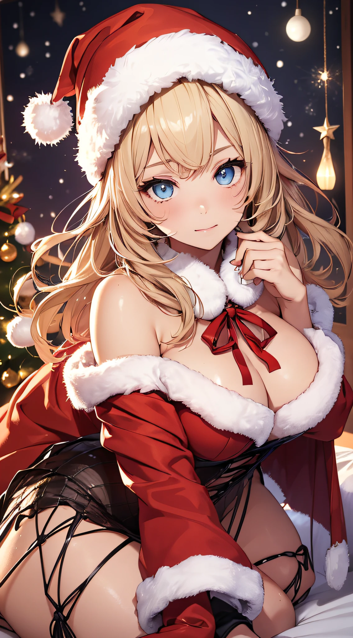 top-quality、Top image quality、masterpiece、s girl((Christmas、Santa's Hat、18year old、 Ager、Best Bust、big bast,Beautiful wide open light blue eyerest, a blond、A slender,Large valleys、dye one's cheeks red、Reflecting the whole body、Laugh、white christmas gift bags、red cloak、Shy face、embarassed face、sprawl,Leaning forward)),hiquality、Beautiful Art、Background with((my stylish night room、Christmas Wind、Stove、Red carpet on the floor、fireplace、Christmas tree、Red bed、Kotatsu、Christmas present)))、masutepiece、depth of fields,