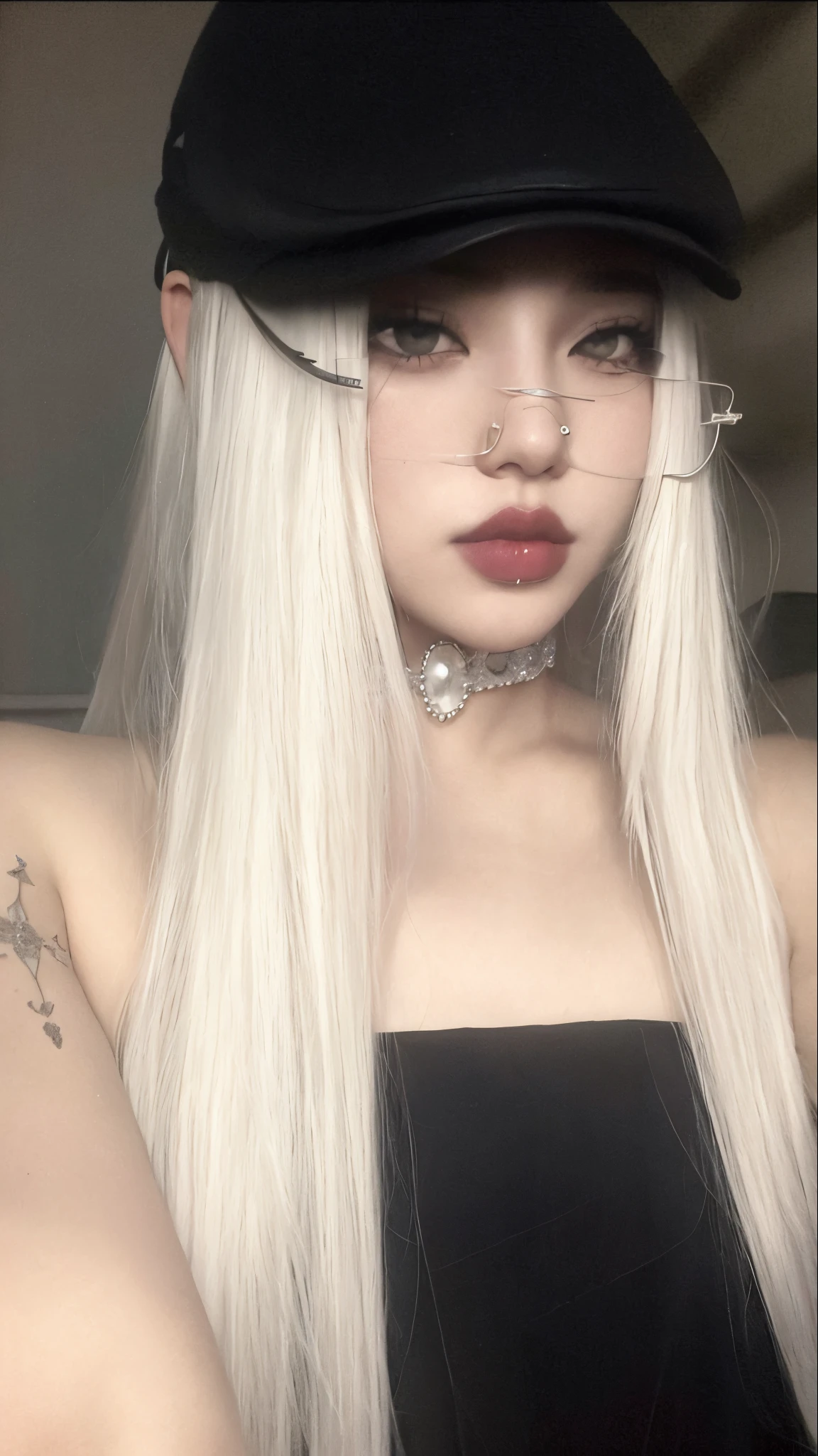 Mujer rubia con piercings y un sombrero negro posando para una foto., Cabello largo y blanco y flequillo, con el pelo largo y blanco, con pelo largo blanco, cabello blanco intenso, Su cabello es blanco, Chica perfecta de pelo blanco, flequillo blanco, cruel korean goth girl, Peinado blanco de corte hime, cabello whitebangs cabello, Cabello largo y lacio blanco, cabello largo y platino, Pelo largo y blanco