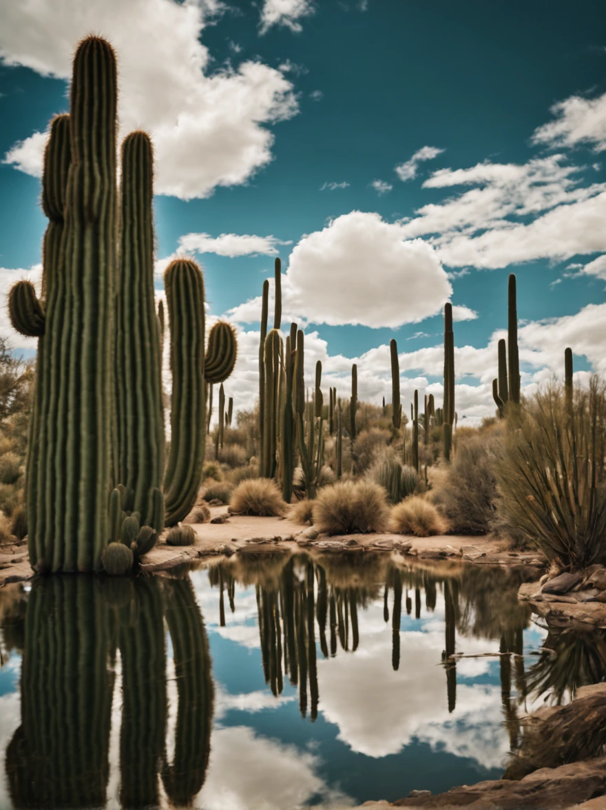 (Portrait shot, ultra-detailed, best quality, photorealistic:1.37, 4k, realistic, photography, an inflated cacti forest with shiny reflections, in Arizona desert, blue sky with clouds, vibrant colours, 35mm)