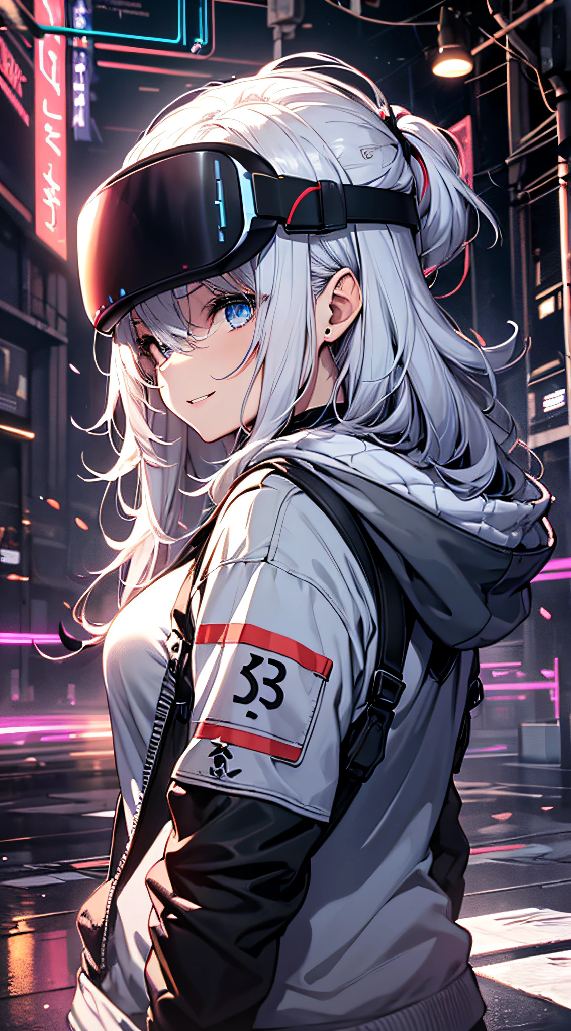top-quality、Top image quality、​masterpiece、teens girl((Blue Hoodie、black trousers、18year old、 Ager、Best Bust、big bast,Beautiful light blue eyes, Long silver hair、A slender,Large valleys、Reflecting the whole body、Leaning forward、Attach the VR visor to your eyes、I have a VR stick controller、Excited face、play VR)),hiquality、Beautiful Art、Background with(( Cyber World)))、masutepiece、depth of fields,