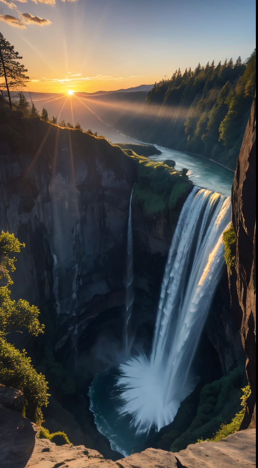 a real photograph of a beautiful sunrise at the edge of a waterfall.