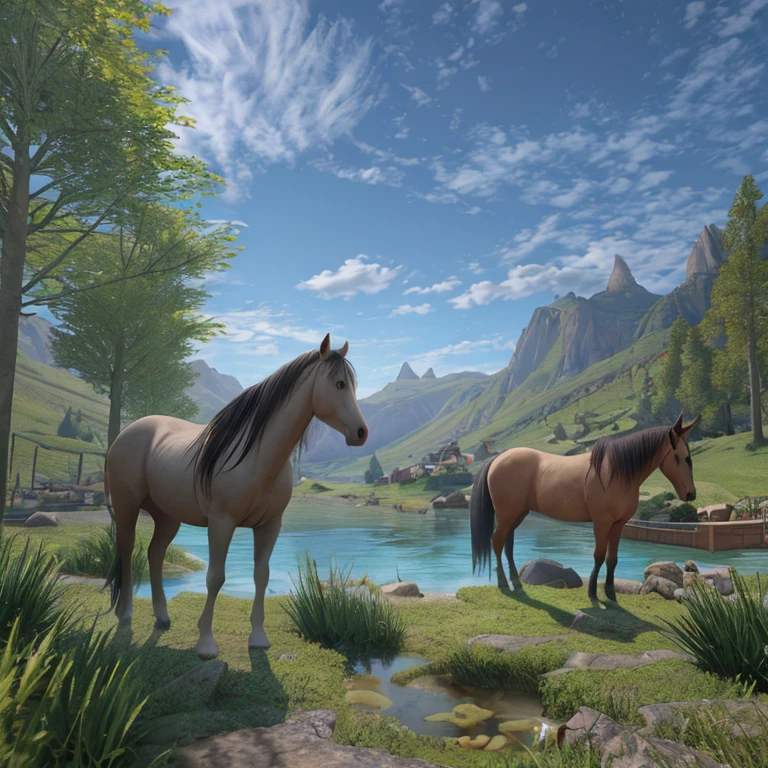 cavalos parados em um campo perto de um lago e montanhas, bela captura de tela, Cavalos majestosos, O Vale do Cavalo Veja, Cena realista, captura de tela fotorrealista, Cavalos, realistic shading and lighting, incrivelmente realista, captura de tela impressionante, Amazing photorealistic graphics, ultra-realistic graphics, graphics beautiful, renderizado em unreal engine 3d, breathtaking realistic, Realistic graphics, UHD stunning scenery