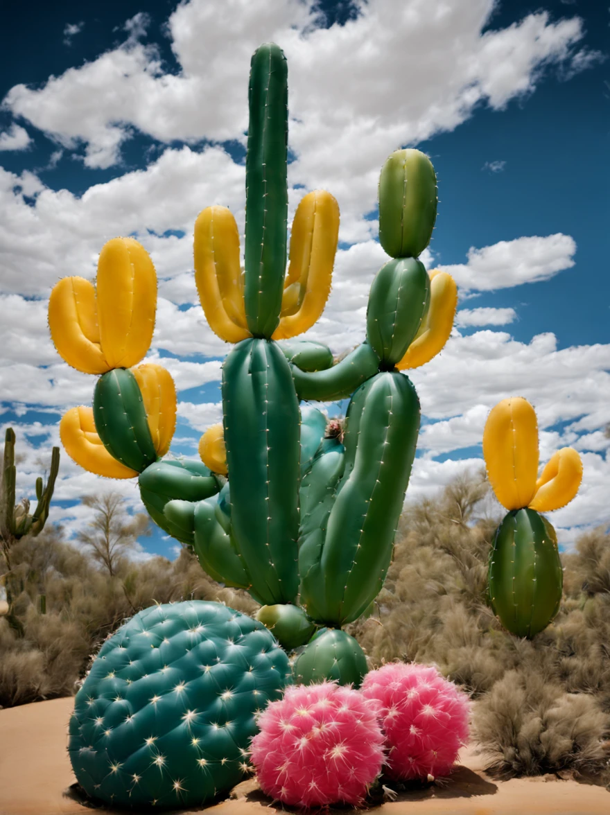 (Portrait shot, ultra-detailed, best quality, photorealistic:1.37, 4k, realistic, photography, an inflated cacti forest, in Arizona desert, blue sky with clouds, vibrant colours, 35mm)