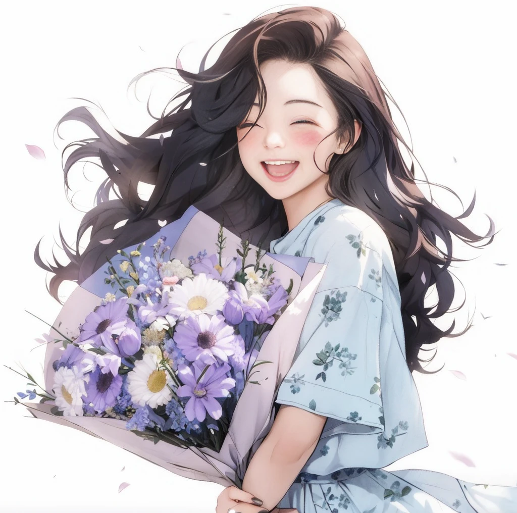 Anime girl with flowers in her hands,With a smile on his face, with flowers, Guviz, she expressing joy, beautiful and smiling, laughing sweetly, Lovely smile, with a beautifull smile, Middle metaverse, by Yang J, Happy and cheerful look, and she smiling,Very happy, Guviz-style artwork