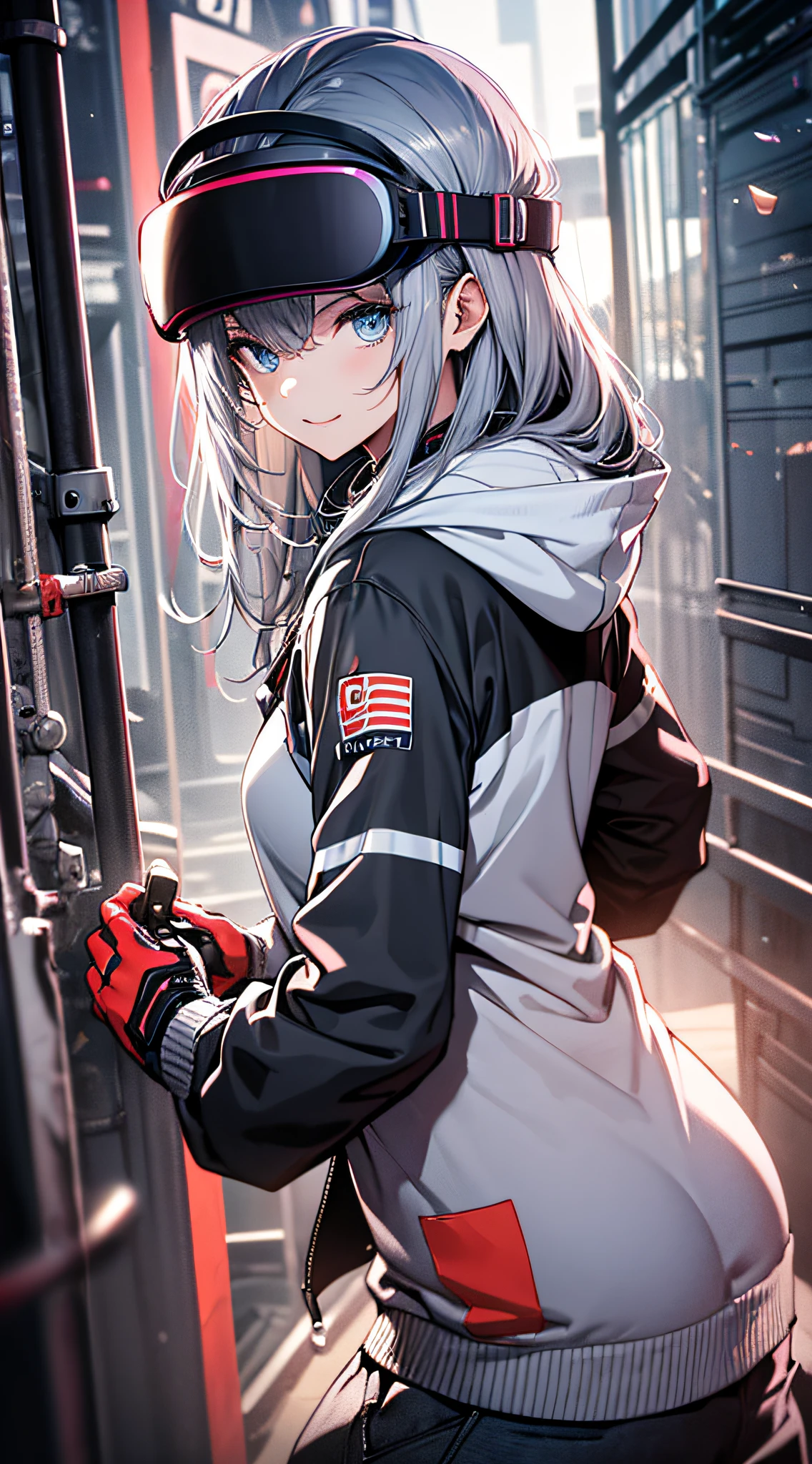 top-quality、Top image quality、masterpiece、teens girl((Blue Hoodie、black trousers、18year old、 Ager、Best Bust、big bast,Beautiful light blue eyes, Long silver hair、A slender,Large valleys、Reflecting the whole body、Leaning forward、Attach the VR visor to your eyes、I have a VR stick controller、Excited face、play VR)),hiquality、Beautiful Art、Background with(( Cyber World)))、masutepiece、depth of fields,