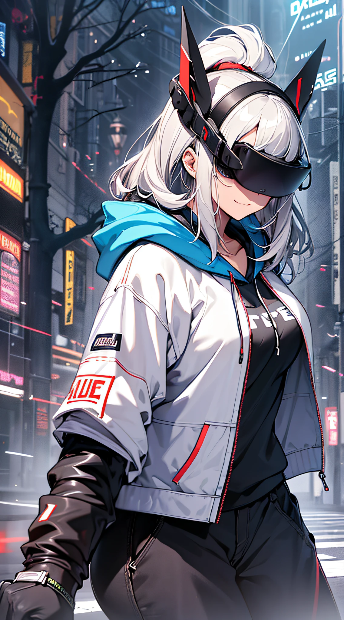 top-quality、Top image quality、​masterpiece、teens girl((Blue Hoodie、black trousers、18year old、 Ager、Best Bust、big bast,Beautiful light blue eyes, Long silver hair、A slender,Large valleys、Reflecting the whole body、Leaning forward、Attach the VR visor to your eyes、I have a VR stick controller、Excited face、play VR)),hiquality、Beautiful Art、Background with(( Cyber World)))、masutepiece、depth of fields,