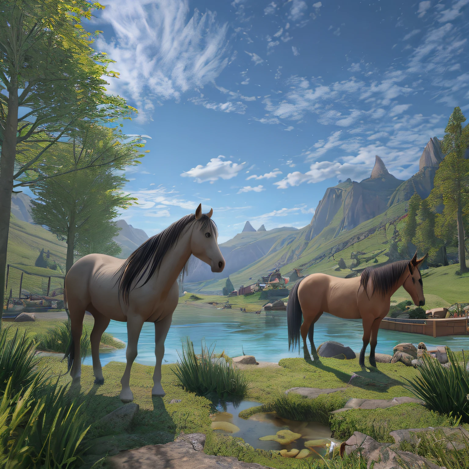 cavalos parados em um campo perto de um lago e montanhas, bela captura de tela, cavalos majestosos, O Vale do Cavalo Veja, Jantar realista, Captura de tecido fotorrealista, cavalos, realistic shading and lighting, incrivelmente realista, captura de tela impressionante, Amazing photorealistic graphics, ultra-realistic graphics, graphics beautiful, renderizado em unreal engine 3d, breathtaking realistic, Realistic graphics, Stunning UHD scenery