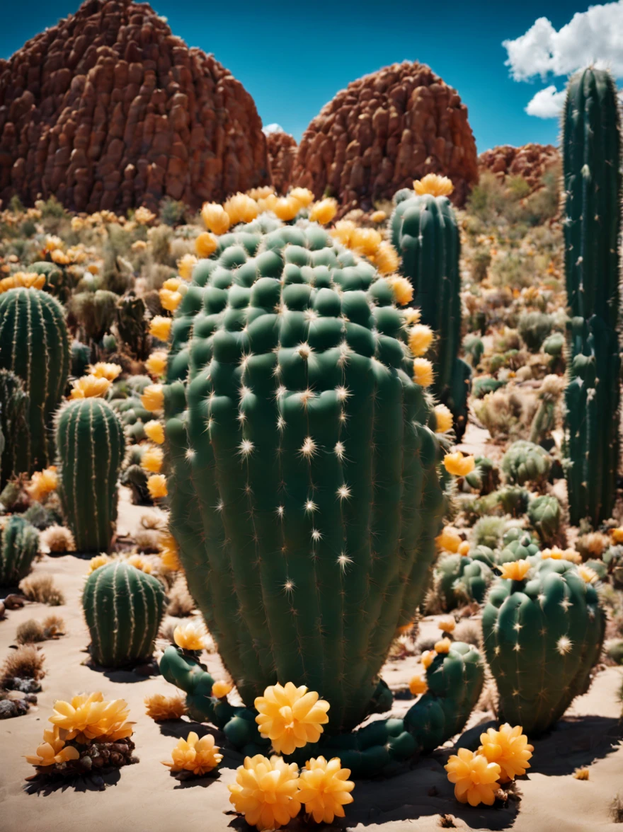 (Portrait shot, ultra-detailed, best quality, photorealistic:1.37, 4k, realistic, photography, an inflated cacti forest, in Arizona desert, blue sky with clouds, vibrant colours, 35mm) by Quentin Tarantino