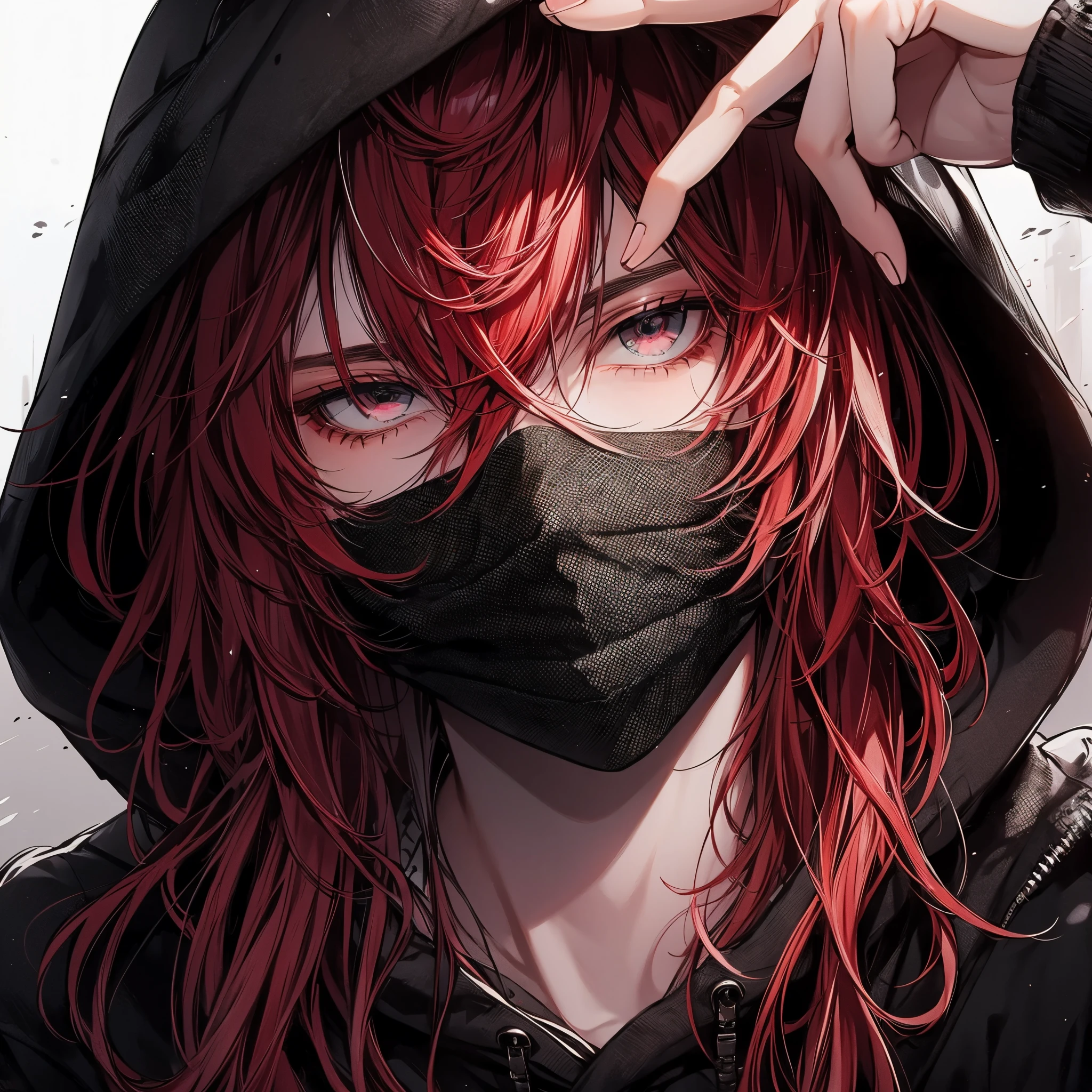 Beautiful young man, Red-haired, ((Gray eyes)), shoulder length hair, Black mask, Black hoodie, Hood Up,High quality, amount of drawing, pixiv illustration