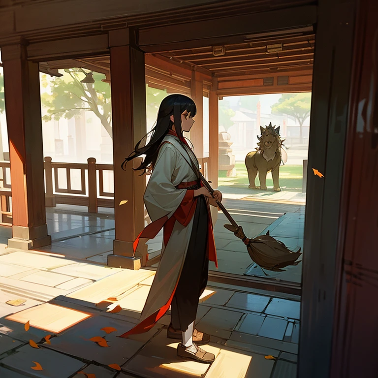A ager,Wearing ancient costumes,are standing,Sweeping leaves on the ground,Facing the front door of a Chinese-style house,There are two stone lions on the left and right sides of the gate.