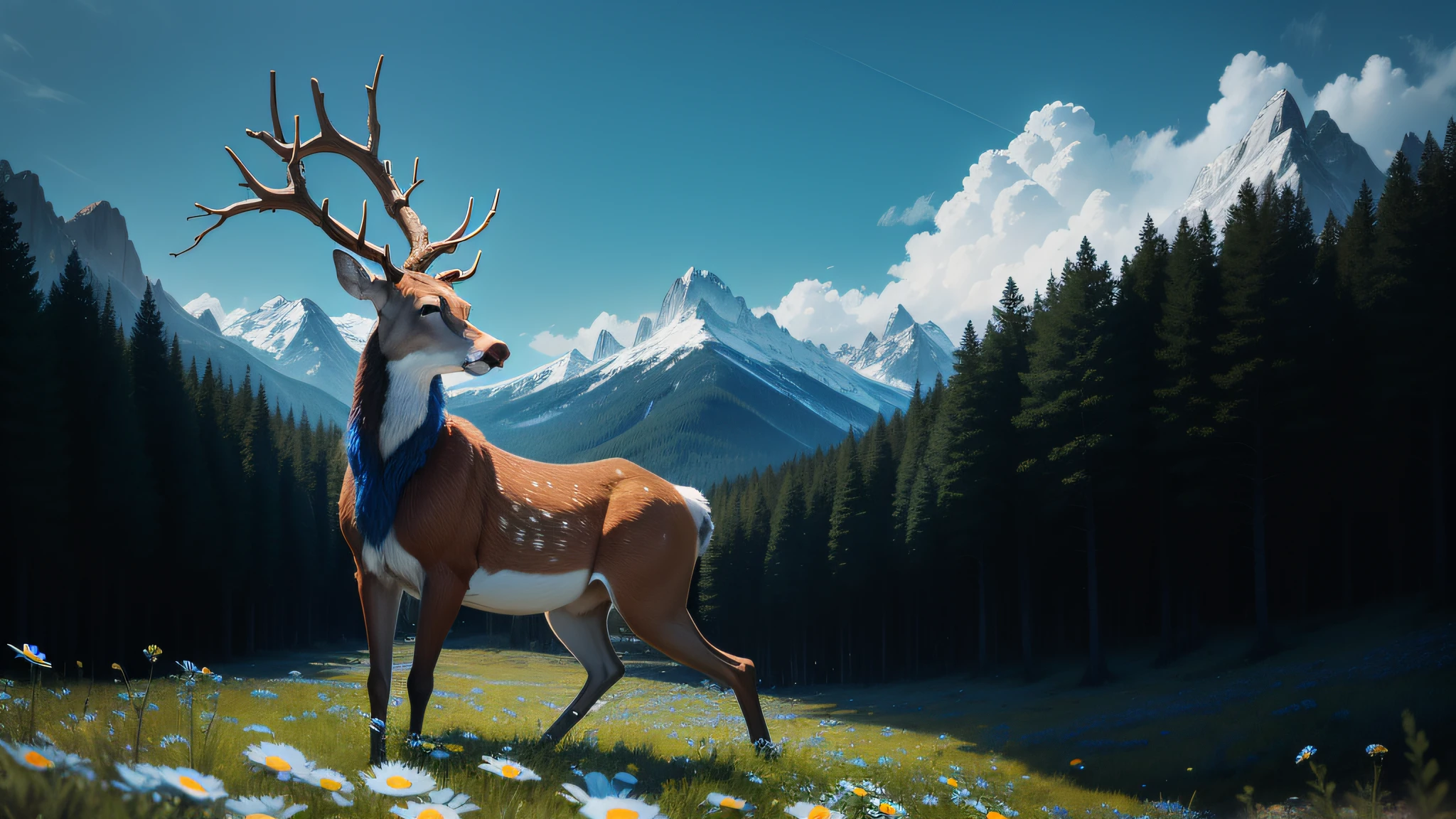 Male Deer, stands in a field of blue daisies, against the background of a blue forest of pines, mountains, pine forest, blueish theme, blue trees, blue environment