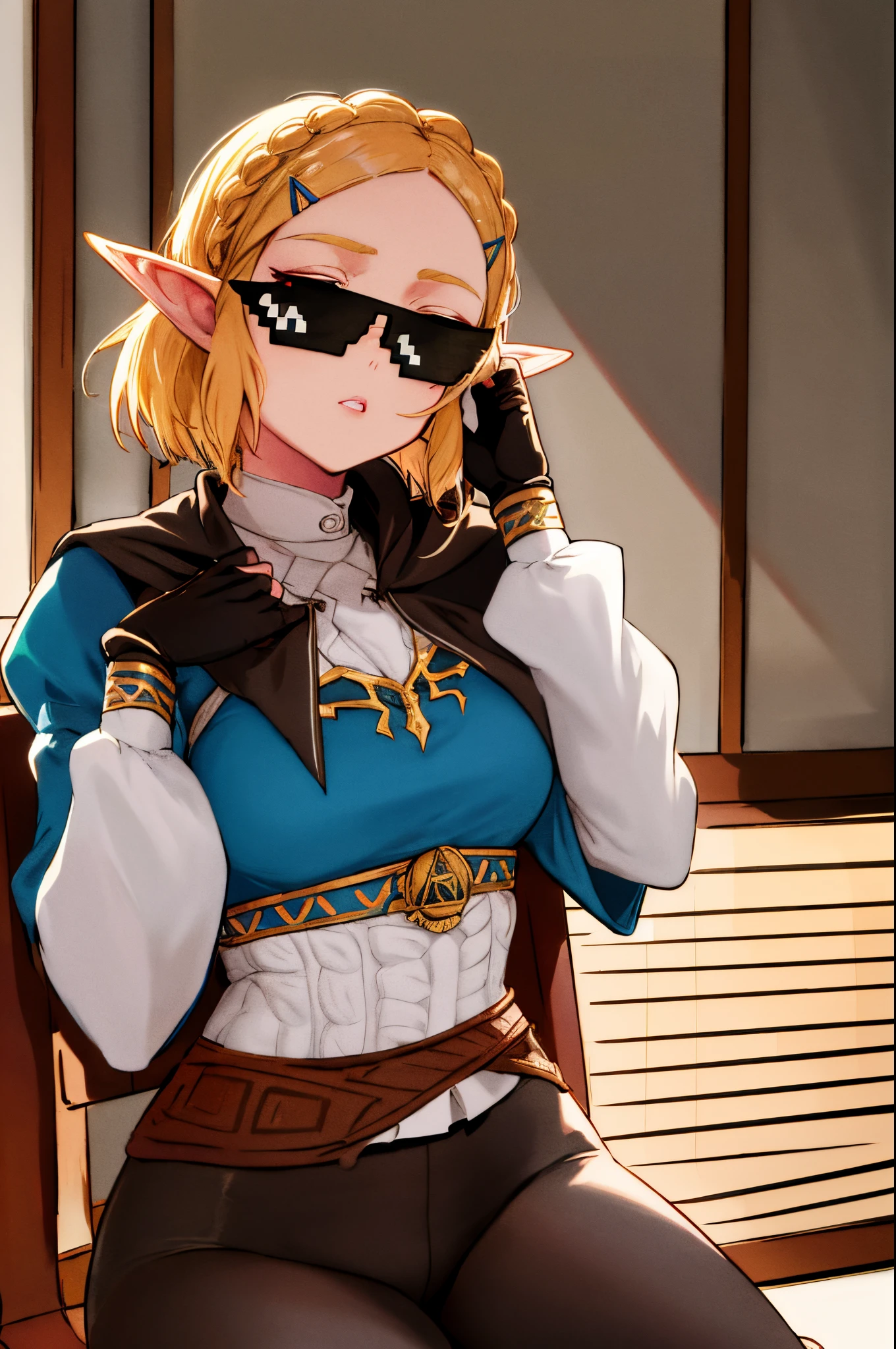 A solo hip hop scene full  featuring  arrogant  assertive aazelda, short hair, crown braid, hairclip, pointy ears, brown cape, blue shirt, puffy sleeves, long sleeves, fingerless gloves, black gloves, black pants, tight pants sitting on her golden room  throne  ncrsdealwithit sunglasses