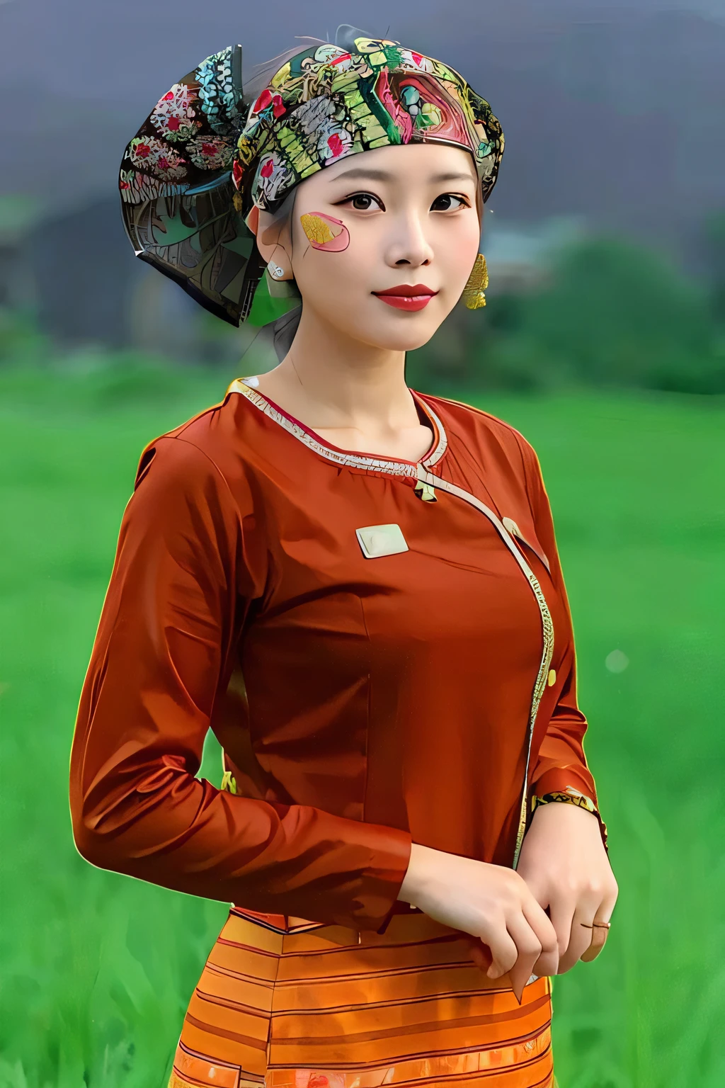 arafed woman in a field with a bandana and a headband, traditional beauty, vietnamese woman, traditional clothes, ao dai, south east asian with round face, traditional dress, traditional tai costume, my linh, in style of lam manh, traditional art, traditional clothing, wearing authentic attire, a young asian woman, nivanh chanthara