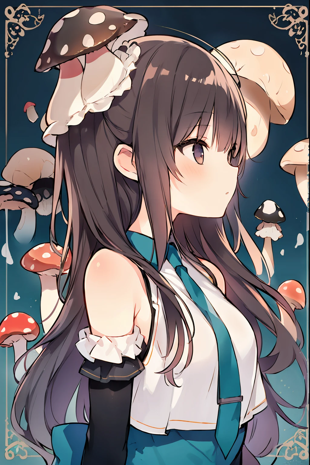 (a girl) ( mushroom on head:1.3), curly hair, profile shot