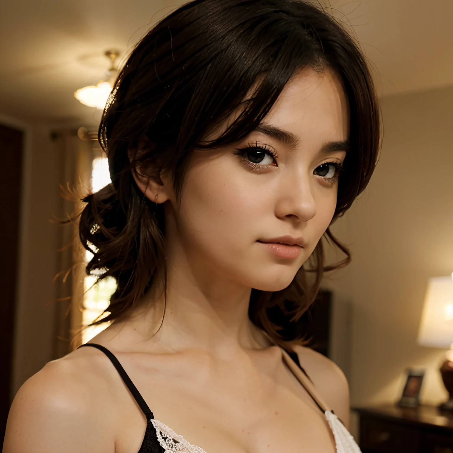 there is a woman sitting on a couch with a plate of food, portrait sophie mudd, anna nikonova aka newmilky, kiko mizuhara, a beautiful young woman, 2 4 year old female model, very beautiful young woman, sexy gaze, 50mm portrait, alina ivanchenko, cute young woman, anastasia ovchinnikova