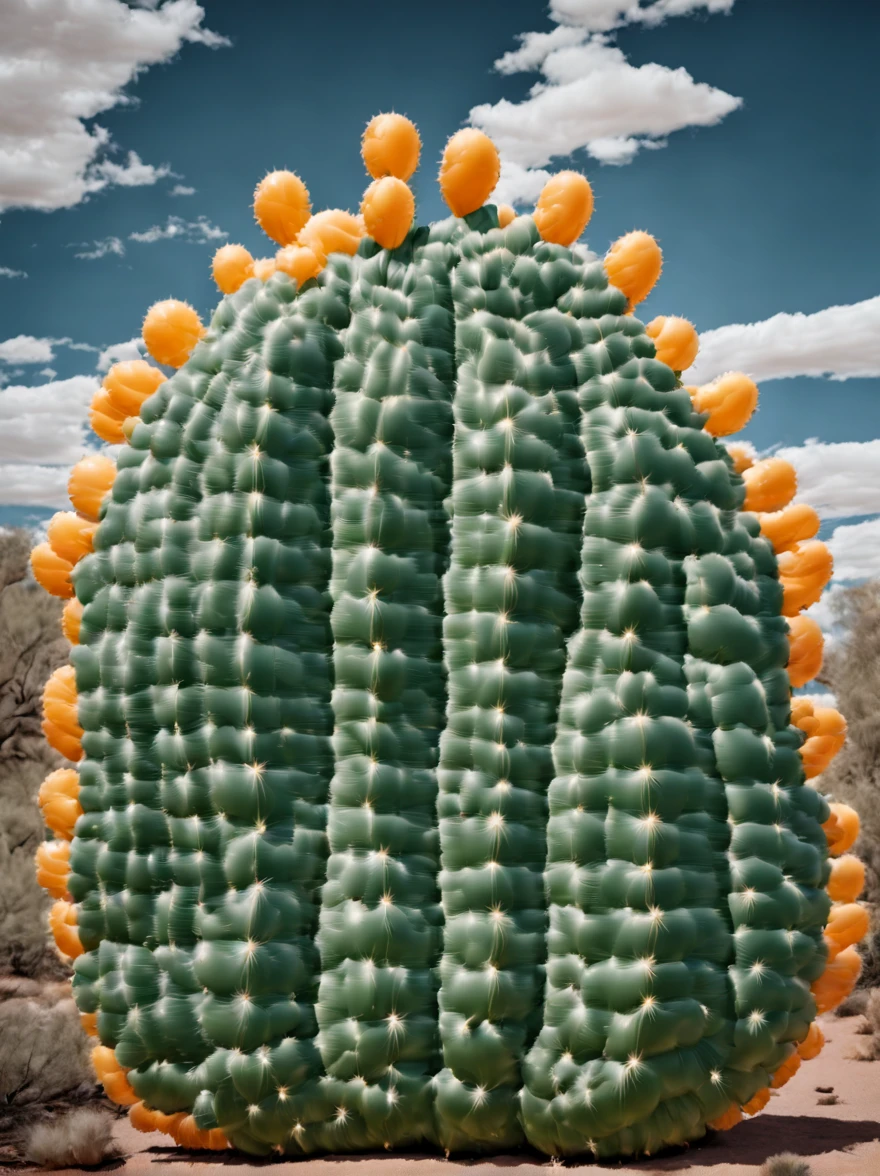 (Portrait shot, ultra-detailed, best quality, photorealistic:1.37, 4k, realistic, photography, an inflated cacti forest, in Arizona desert, blue sky with clouds, vibrant colours, 35mm)