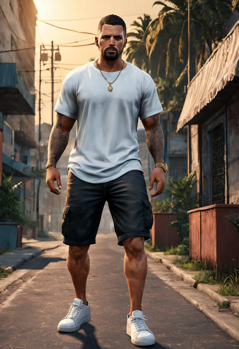 Homem branco, 27 anos, gradient haircut, musculoso, 85 kg, atletic, braba por fazer, sem camisa com bermuda florida , Black Cargo Shorts, colar de ouro, white sneakers, Handsome, 4k estilo gta v San Andreas