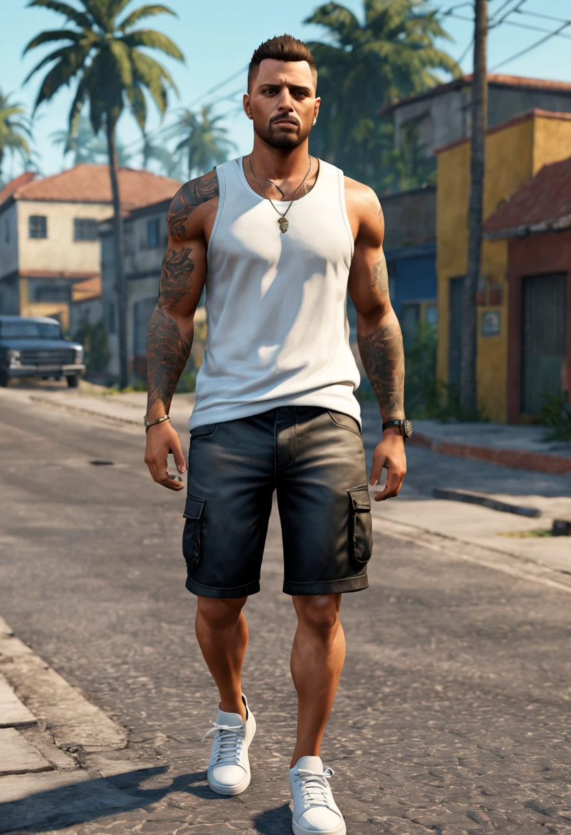 Homem branco, 27 anos, gradient haircut, musculoso, 85 kg, atletic, braba por fazer, sem camisa com bermuda florida , Black Cargo Shorts, colar de ouro, white sneakers, Handsome, 4k estilo gta v San Andreas