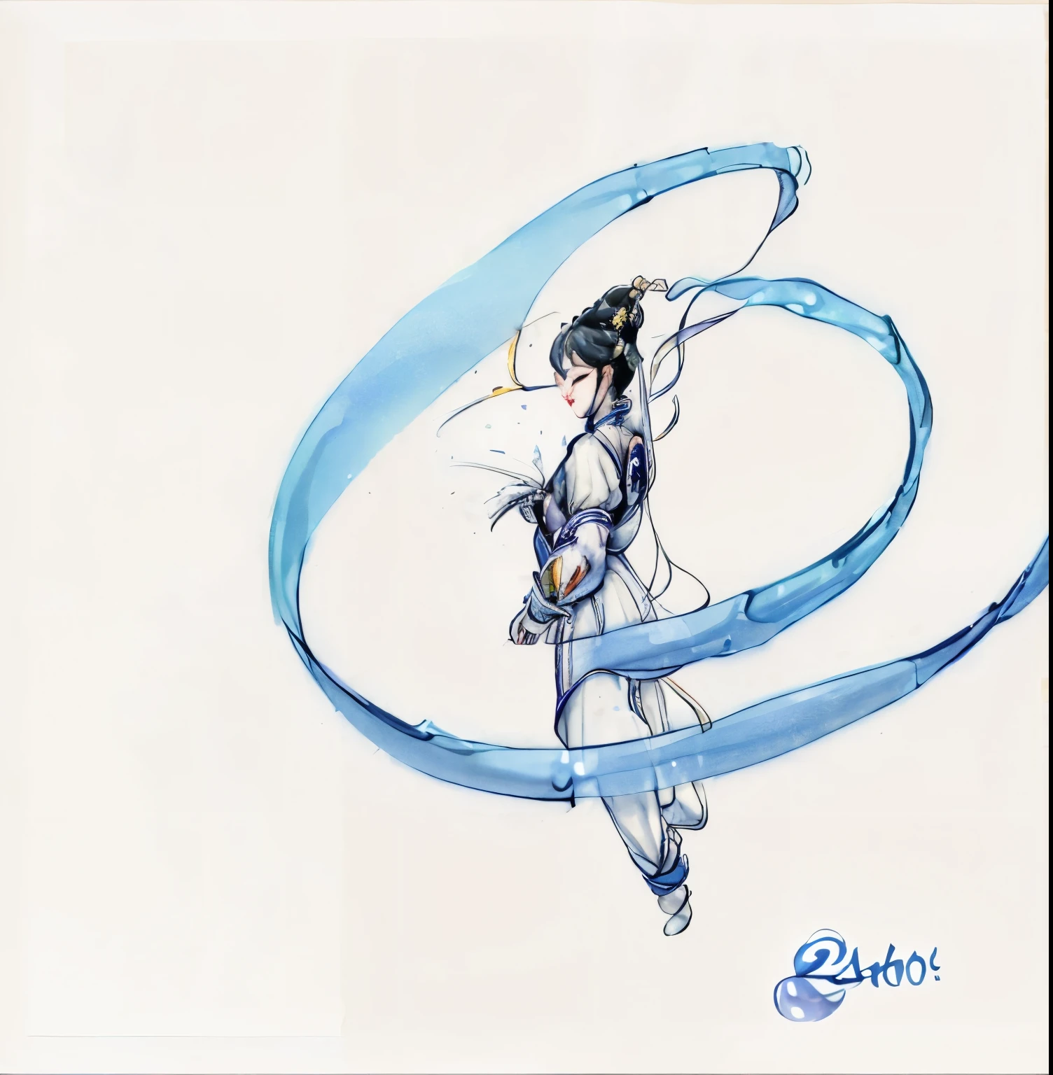 wears a white dresidd woman with blue ribbon hanging in the air, chinese ribbon dance, Canon eos r 6 shot, zhao yun, Shot with Sony alpha 9, Detailed picture, Exhibits, PVC statue, Araki Hihiko style, Shot with Canon eos r 5, Shot with a Canon EOS R5, shot on sony a 7 iii, dancing figures