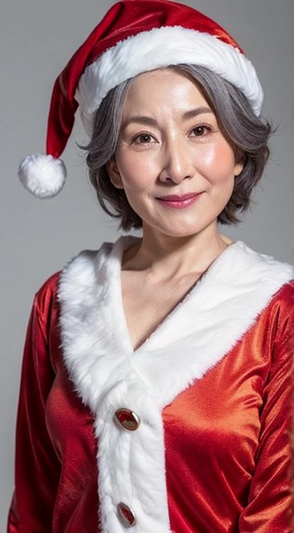 Single-color background, gravure, from the chest up, masutepiece, Best Quality, Ultra-detailed, Photorealistic, super detailed skin, Perfect Anatomy, (1 japanese mature woman), (Solo), 90 years old, Christmas、Christmas tree、(((Santa Claus Costume))), Erotic, Pubic hair is dark, Gray hair mixed with pubic hair, Large breasts, Mature Actress, glamor, A sexy, Chromo-white skin, Looking at Viewer