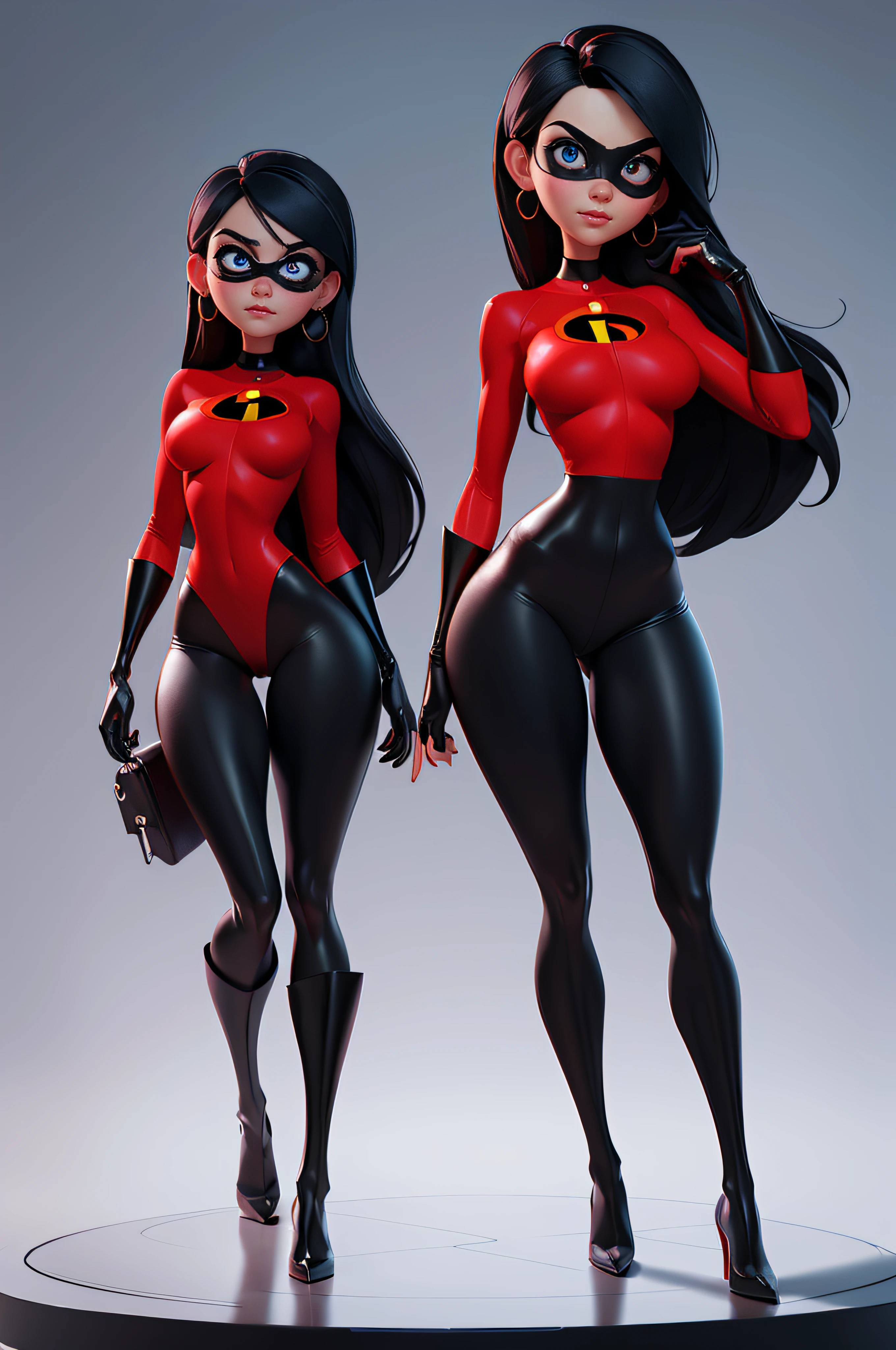 ripped skintight red clothes with  black panties and the incredibles logo on, tall black shiny boots. black mask around eyes, long straight black hair, blue eyes, cleavage, sexy violet parr, masterpiece, high res, 32k (perfect anatomy:1.5), perfect legs, perfect arms, cleavage