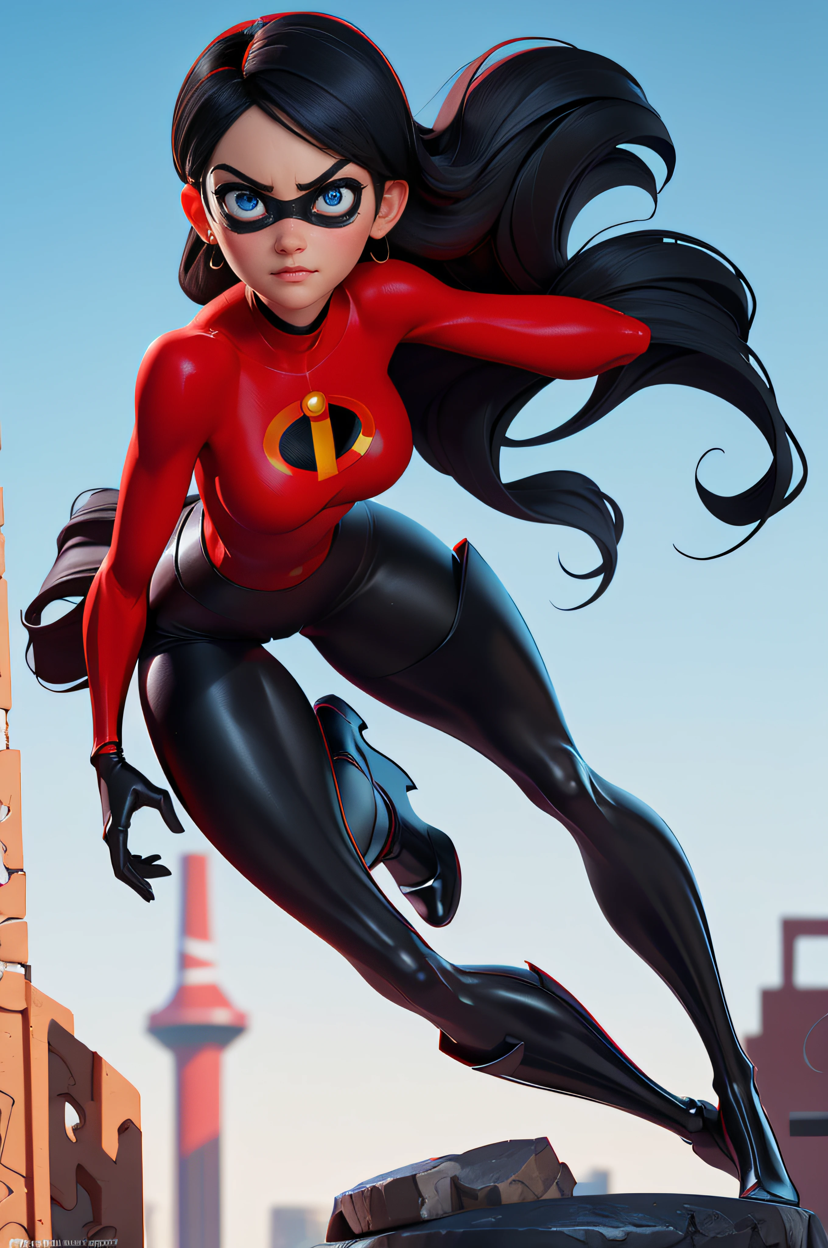 ripped skintight red clothes with  black panties and the incredibles logo on, tall black shiny boots. black mask around eyes, long straight black hair, blue eyes, cleavage, sexy violet parr, masterpiece, high res, 32k (perfect anatomy:1.5), perfect legs, perfect arms, cleavage