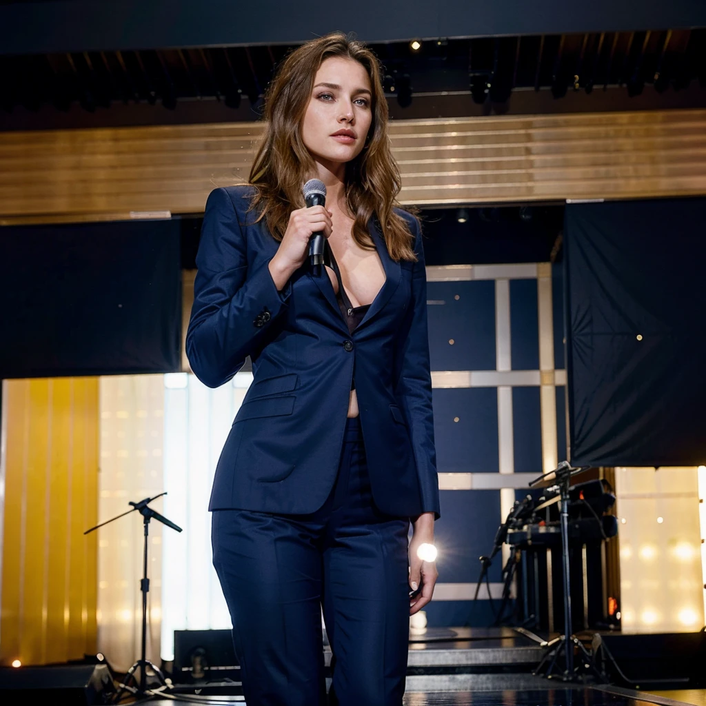 Female supermodel giving a speech on stage. Holding a microphone. Huge audience. Wearing a dark blue business suit.