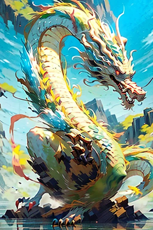 best qualtiy, tmasterpiece, 超A high resolution, naked alien, (long to: 1.2), Skysky, red eyes, 云, scout, dark eastern dragon, with her mouth open, Dentes Pontiagudry, banya, 牙, daysies, pawan with claws, chinese dragon in the blue sky、grope、mountain water、scout、honorable、strength、plateau、Traditional pattern、