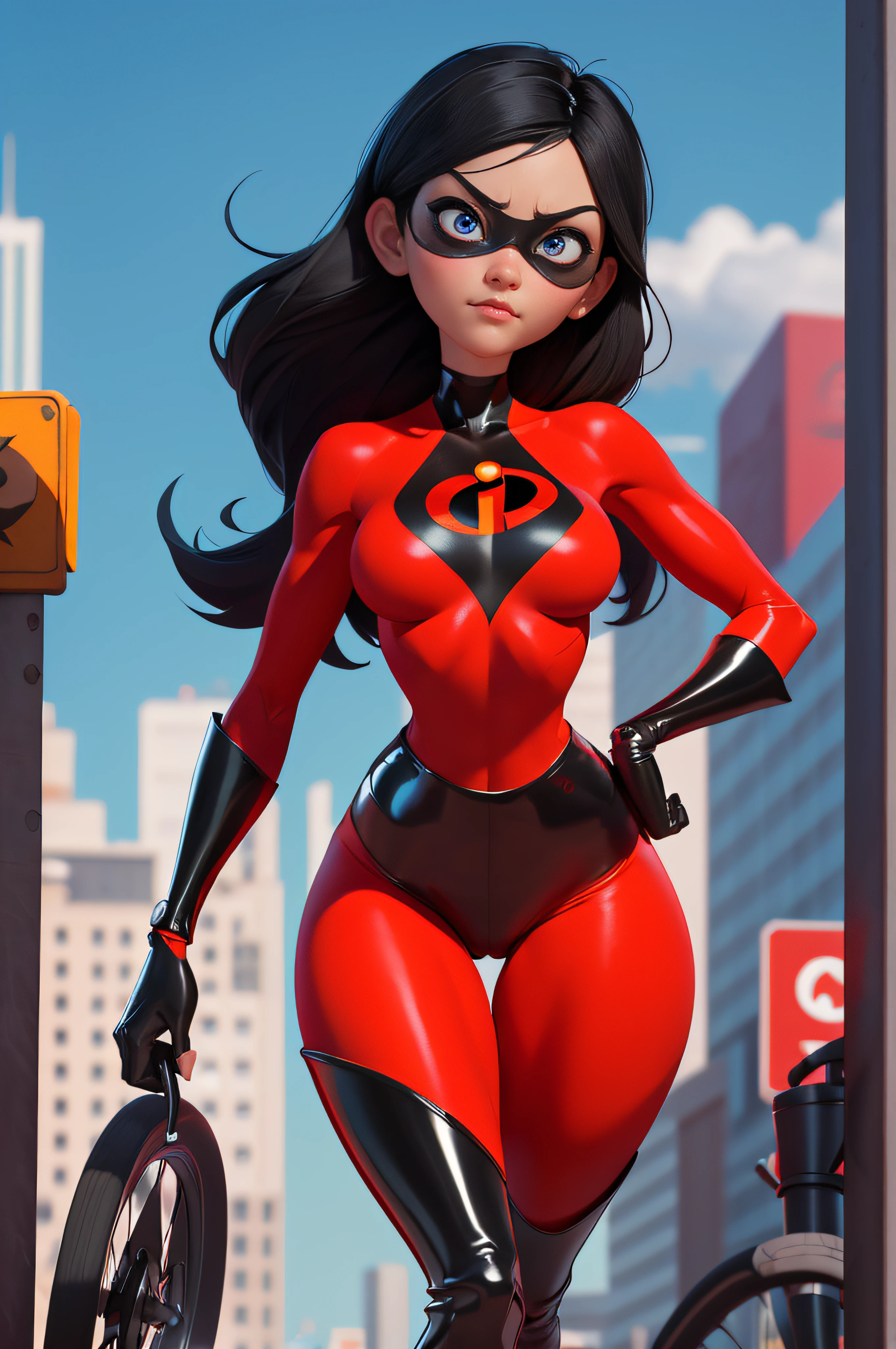 ripped skintight red and black clothes with the incredibles logo on, tall black shiny boots. black mask around eyes, long straight black hair, blue eyes, cleavage, sexy violet parr, masterpiece, high res, 32k (perfect anatomy:1.5), perfect legs, perfect arms, action scene, sexy pose, cute face, innocent face