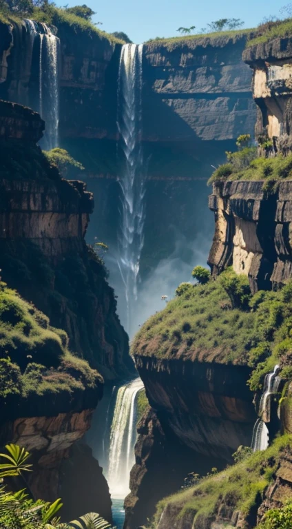 a real photograph of a beautiful morning, at 9 am, on the edge of a waterfall. Na chapada dos veadeiros, no interior do Brasil. observando a natureza ao redor. well-lit forum. HDR. 8k UHD