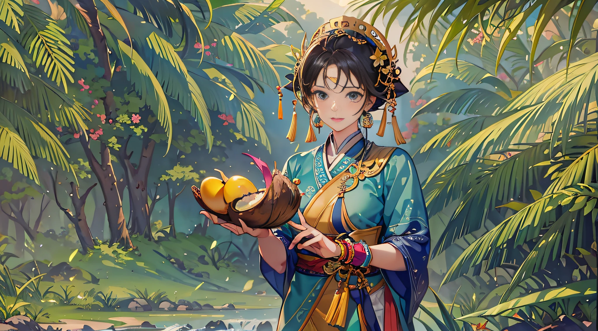 A woman in ethnic costume holds a coconut in her hand,Full body lesbian