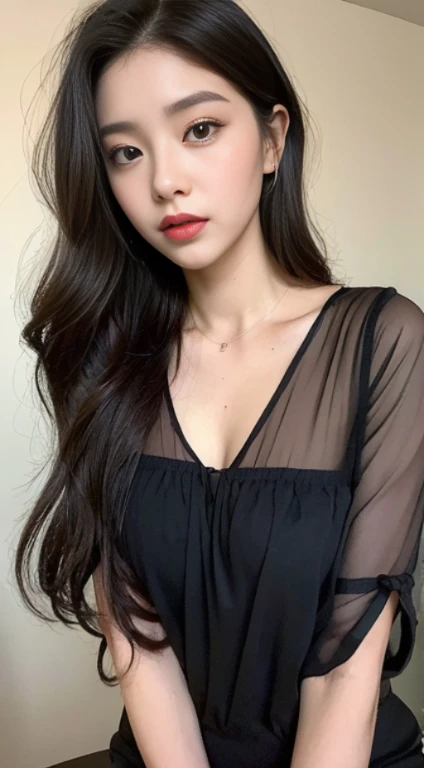 A woman with the same face as last time,Slender Abs、Loose wavy styling、Chiffon blouse、Beautifully expressed in every detail., Including face and skin texture.,Detailed eyes,Seducting look、full body Esbian