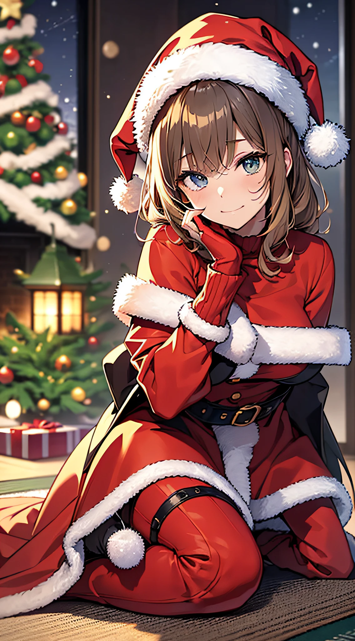 top-quality、Top image quality、masterpiece、teens girl((Christmas、Santa's Hat、18year old、 Ager、Best Bust、big bast,Beautiful wide open light blue eyerest, a blond、A slender,Large valleys、dye one's cheeks red、Reflecting the whole body、Laugh、holding a white christmas gift bag、red cloak、Shy face、embarassed face、sprawl,Leaning forward、saluting)),hiquality、Beautiful Art、Background with((my stylish night room、Christmas Wind、Stove、Red carpet on the floor、fireplace、Christmas tree、Red bed、Kotatsu、Christmas present)))、masutepiece、depth of fields,