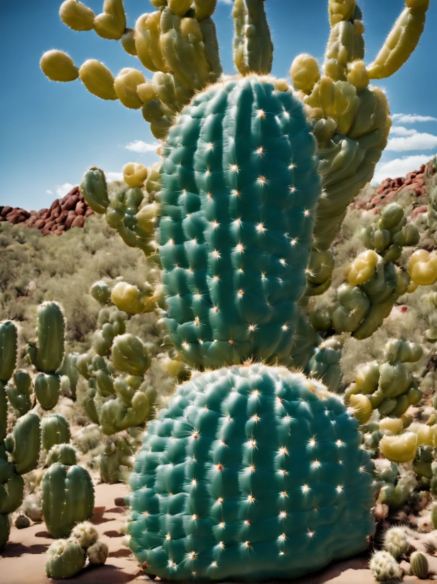 (Portrait shot, ultra-detailed, best quality, photorealistic:1.37, 4k, realistic, photography, an inflated cacti forest made by medium and small inflated cacti, in Arizona desert, blue sky with clouds, vibrant colours, 35mm)