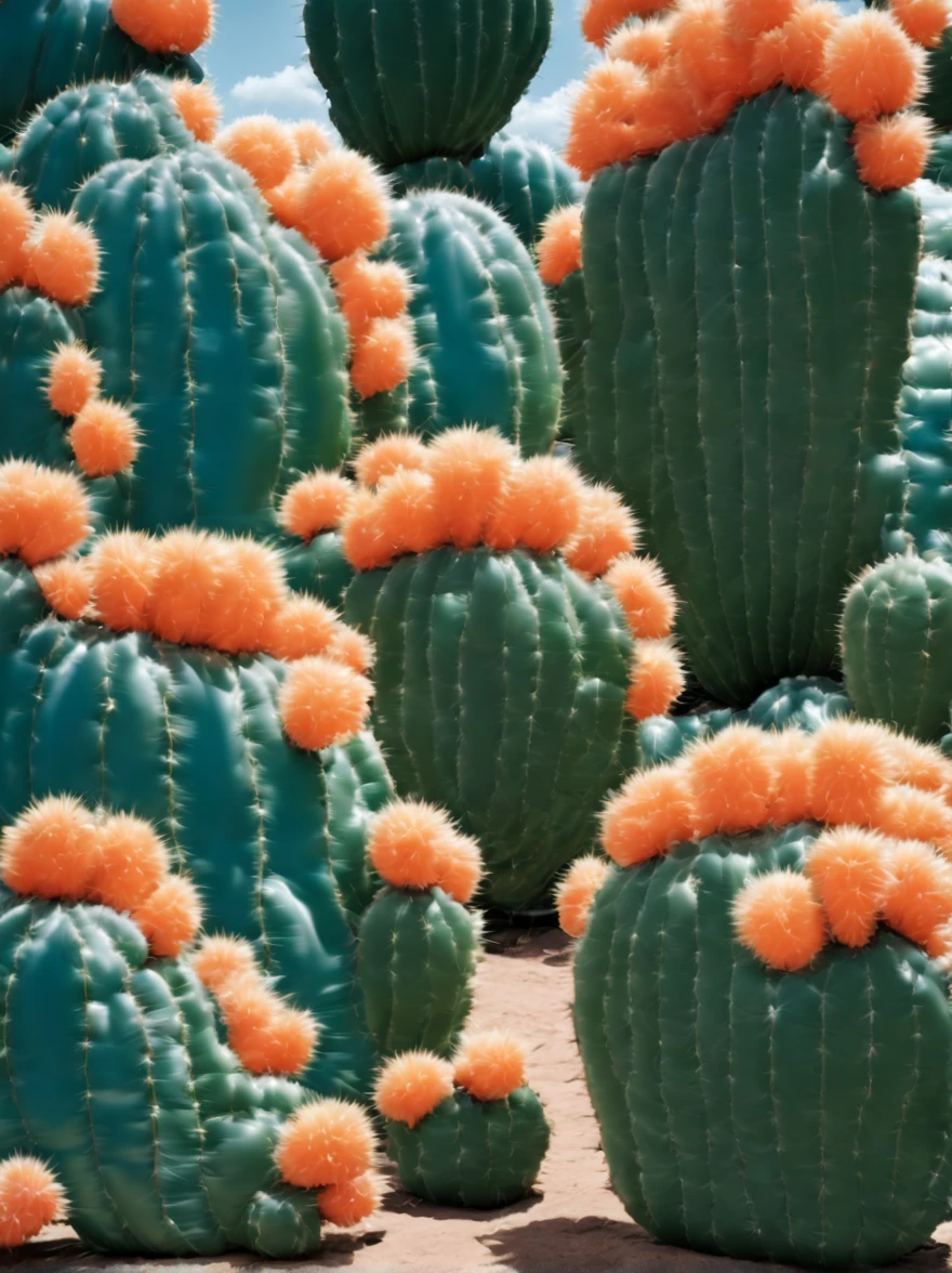 (Portrait shot, ultra-detailed, best quality, photorealistic:1.37, 4k, realistic, photography, an inflated cacti forest made by medium and small inflated cacti, in Arizona desert, blue sky with clouds, vibrant colours, 35mm)